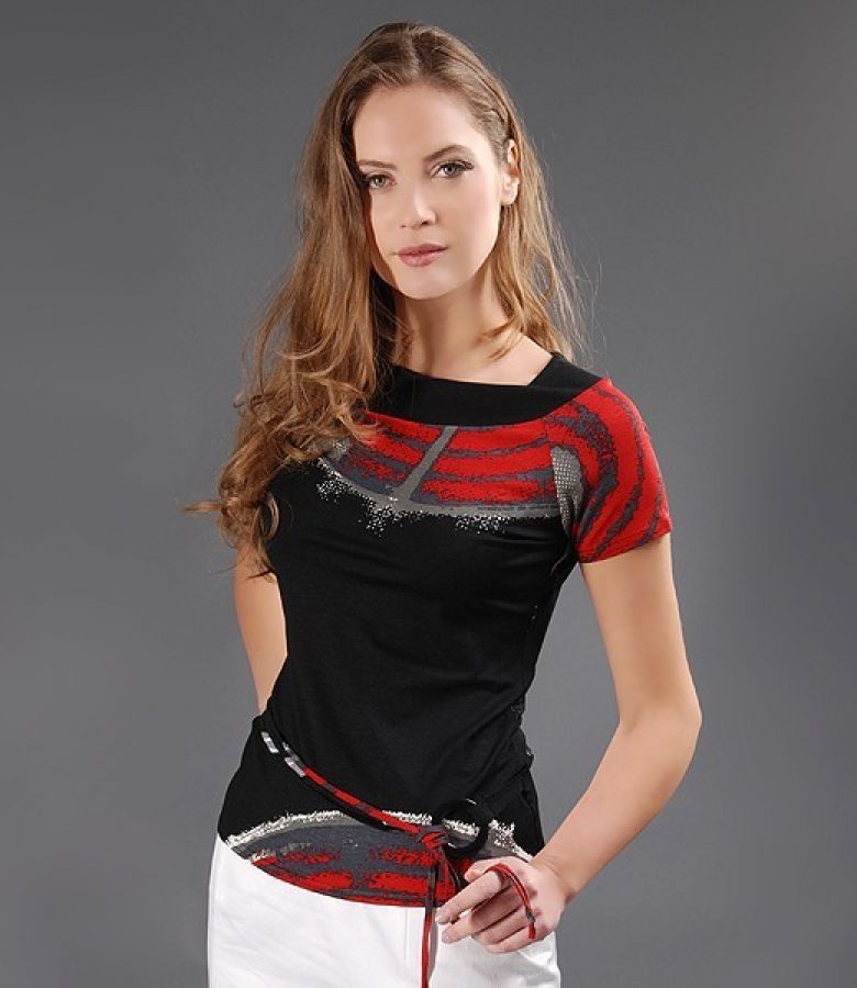 Grey, black and red print top with waist tie