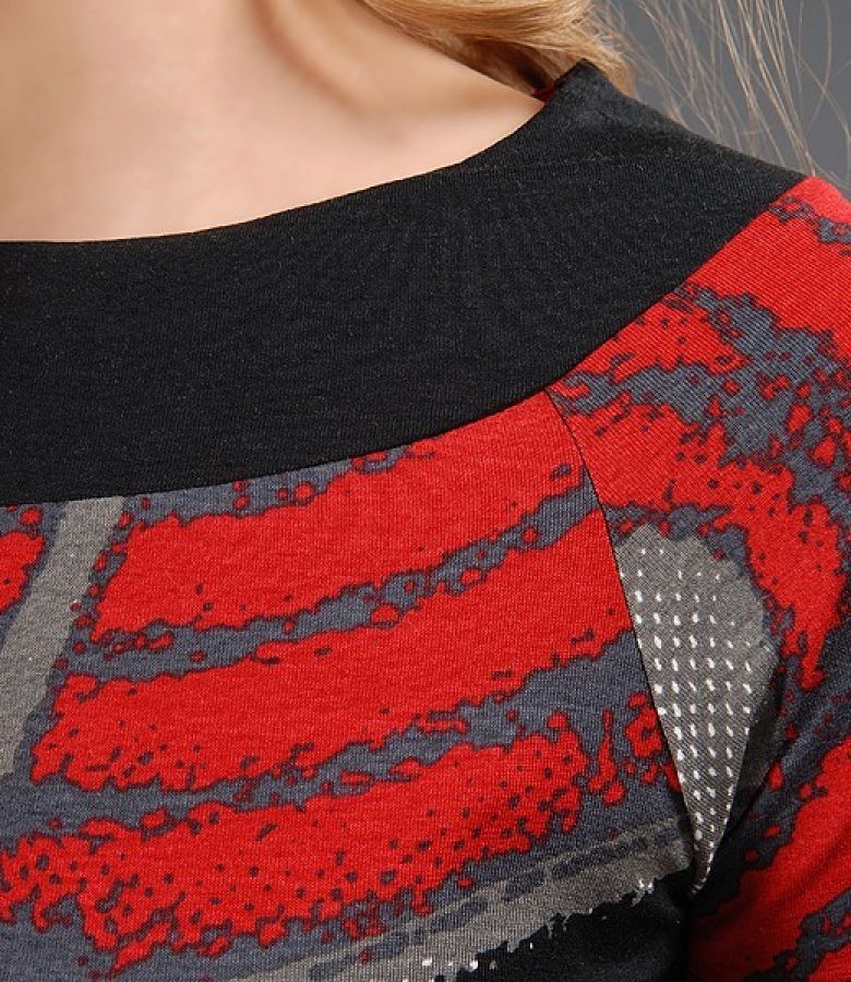 Grey, black and red print top with waist tie