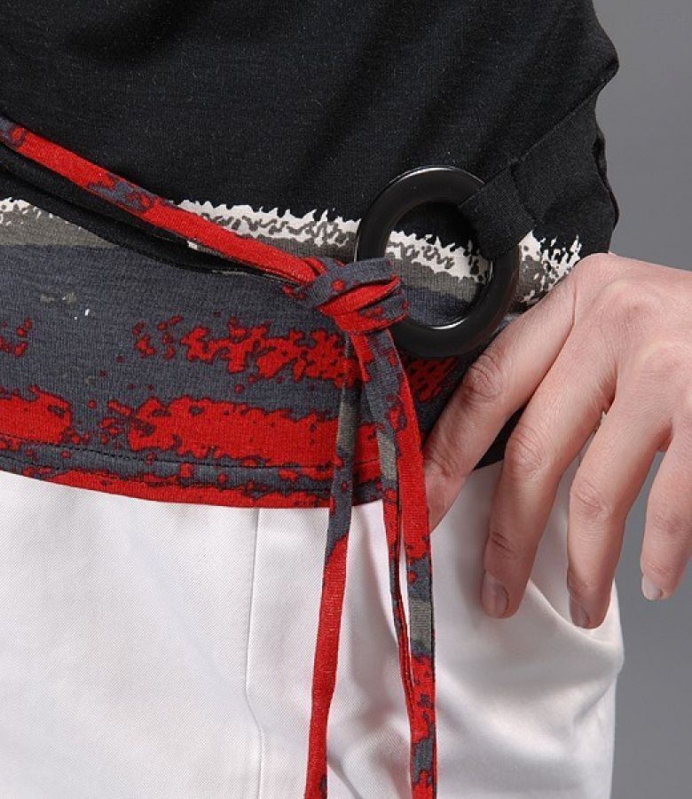 Grey, black and red print top with waist tie