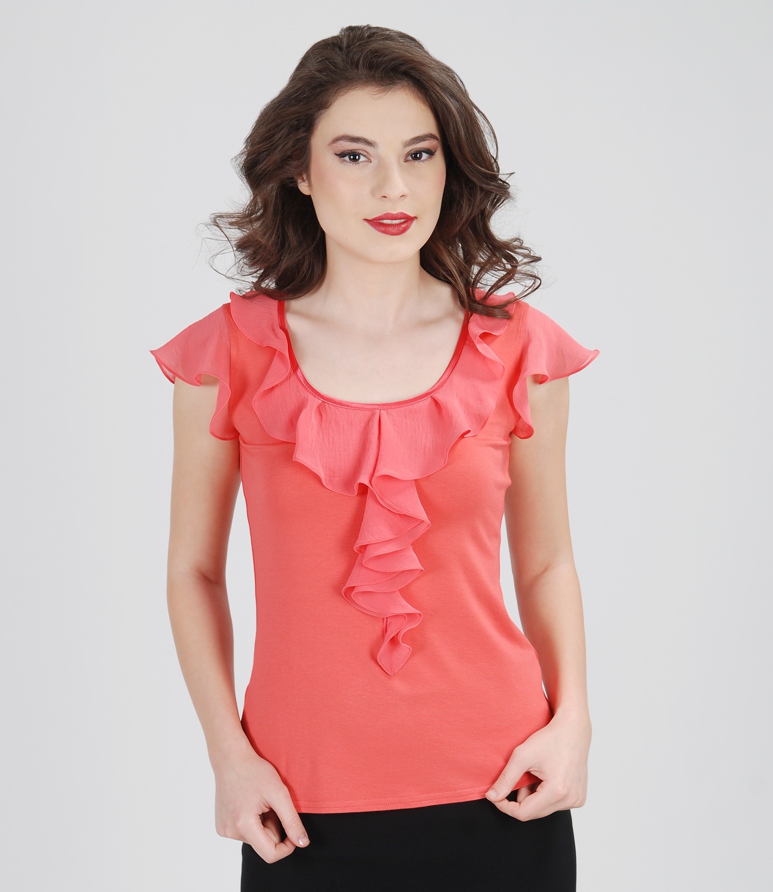 Jersey tshirt with jabot and veil sleeves coral YOKKO