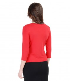 Red jersey blouse with front tie belt