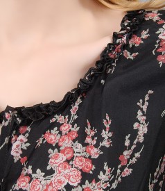 Print veil dress with furbelow