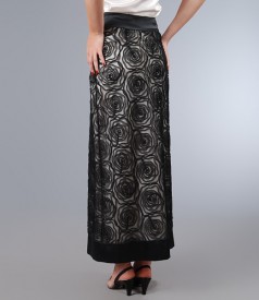 Lace long skirt with satin trim