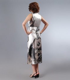 Long dress in print satin with decorative clasp