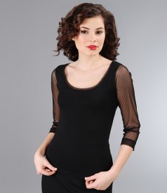 Black jersey t-shirt with elastic tulle garnish