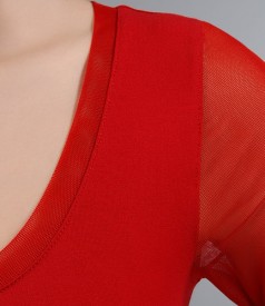 Red jersey t-shirt with elastic tulle garnish