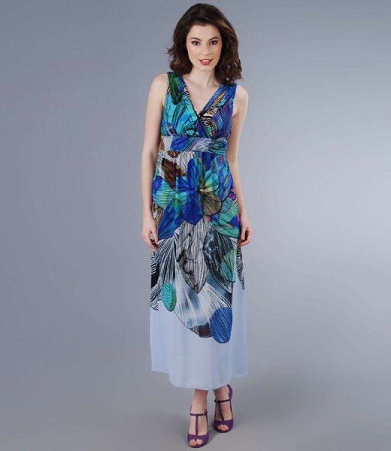 Print veil dress with overlapped chest