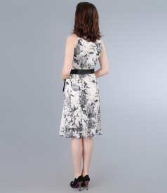 Printed veil dress with folds and satin belt