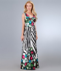 Long dress in print satin with knot and bow