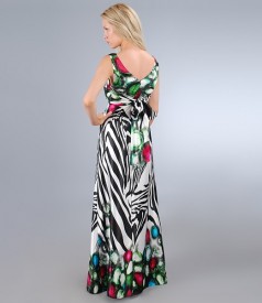 Long dress in print satin with knot and bow