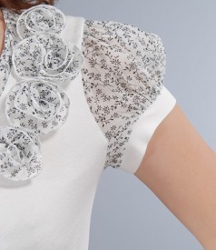 Jersey t-shirt with short bouffant sleeves in print veil