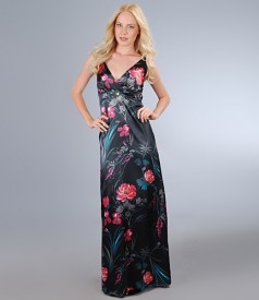 Long dress in print elastic satin with accessories
