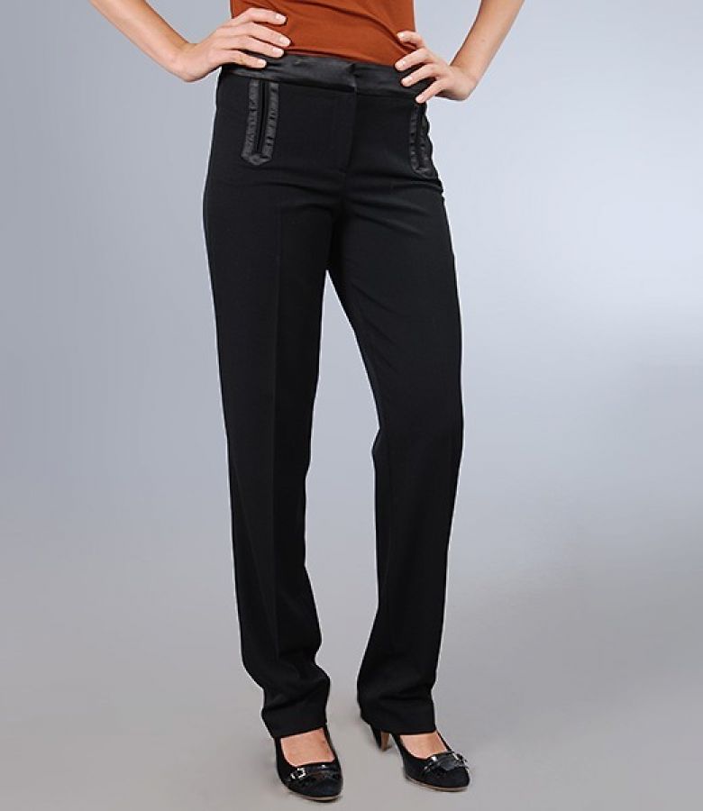 Black elastic fabric office trousers with satin trim
