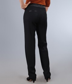 Black elastic fabric office trousers with satin trim