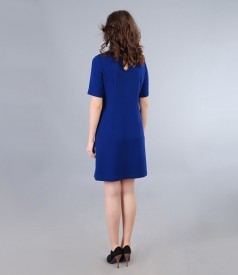 Blue elastic fabric dress with satin collar