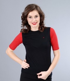 Black wool jersey t-shirt with red sleeves