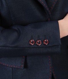 Office virgin wool navy jacket with elastic thread effect