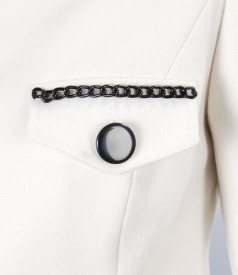 White elastic fabric jacket with contrast metallic trim