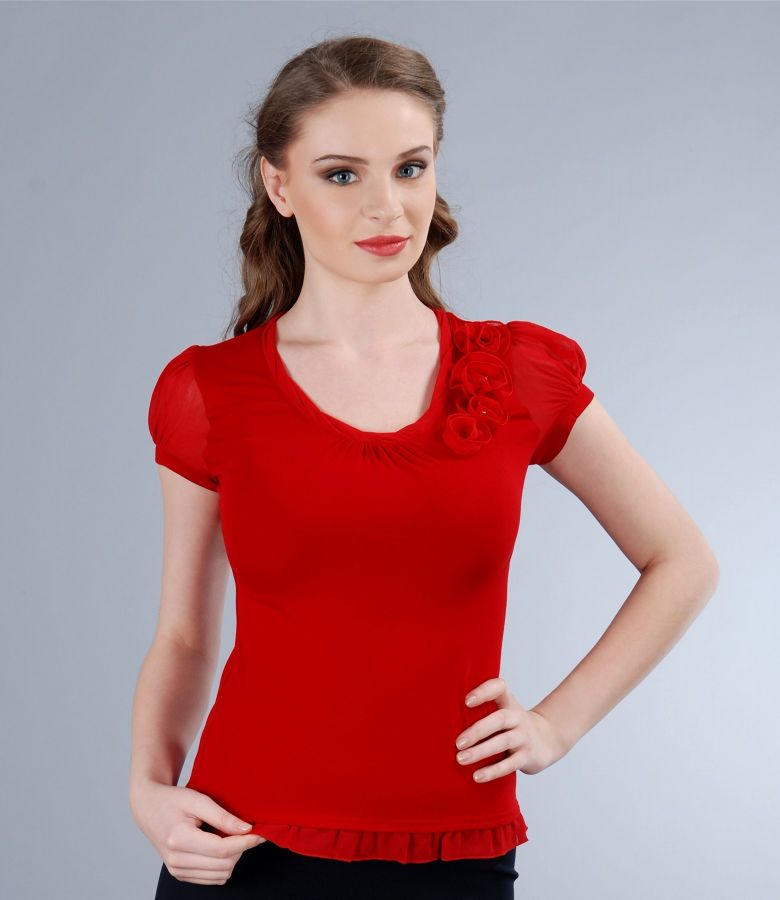 Red jersey t-shirt with veil puffed short sleeves