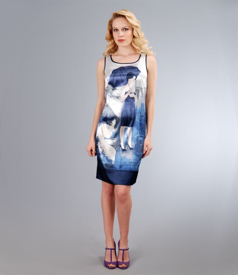 Elastic satin printed dress with lining