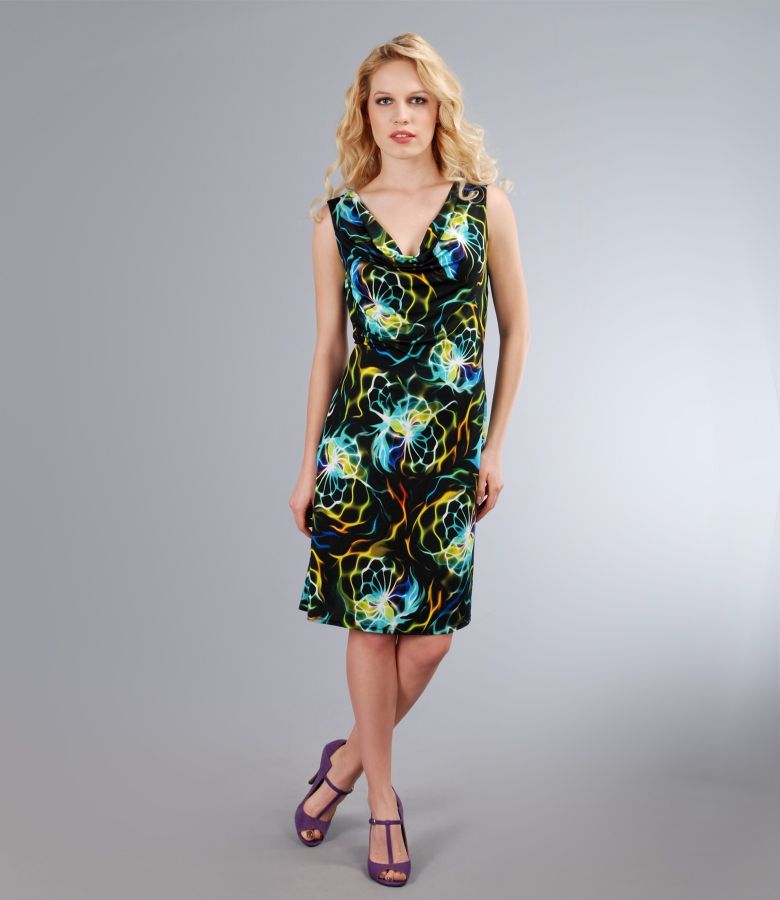 Elastic printed jersey dress with pleats