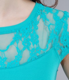 Turquoise jersey t-shirt with lace garnish