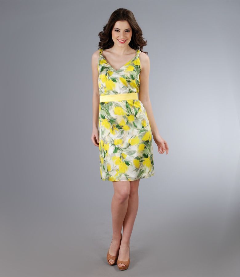 Fluid elastic satin silk dress with twisted straps yellow YOKKO