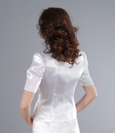 White elastic satin jacket with flower