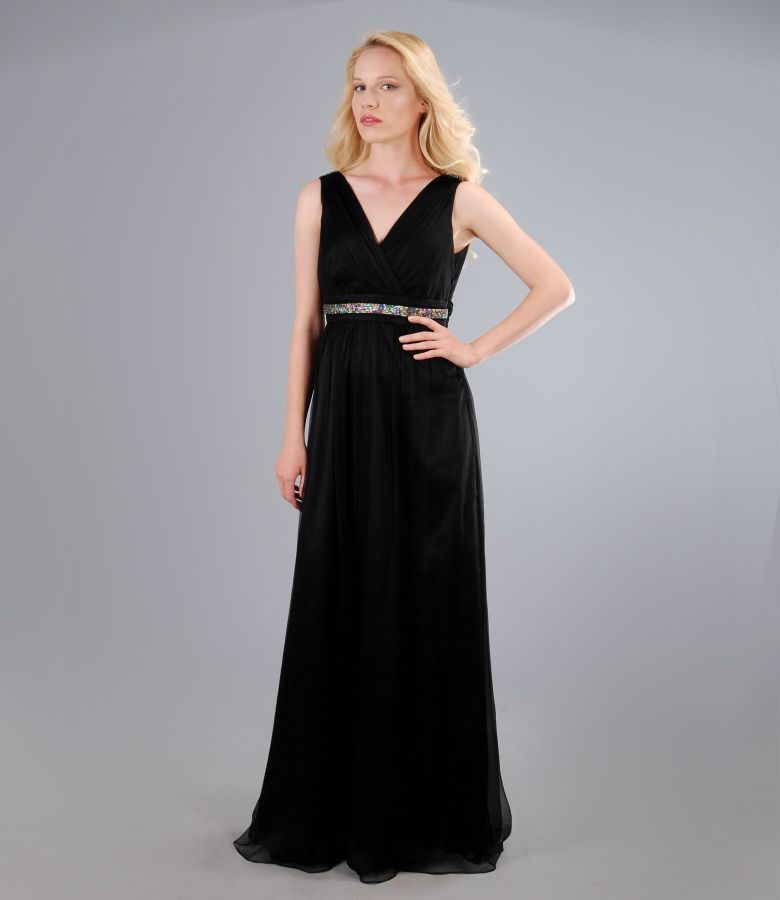 Long silk dress with garnish black YOKKO