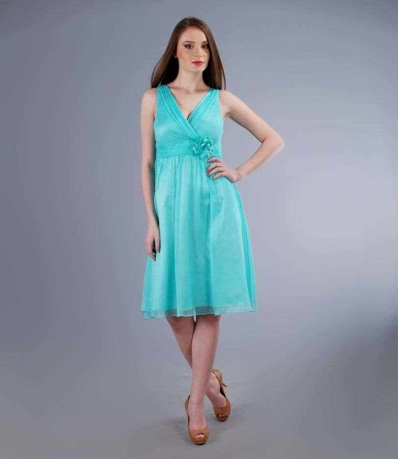 Silk chiffon dress with flower turquoise