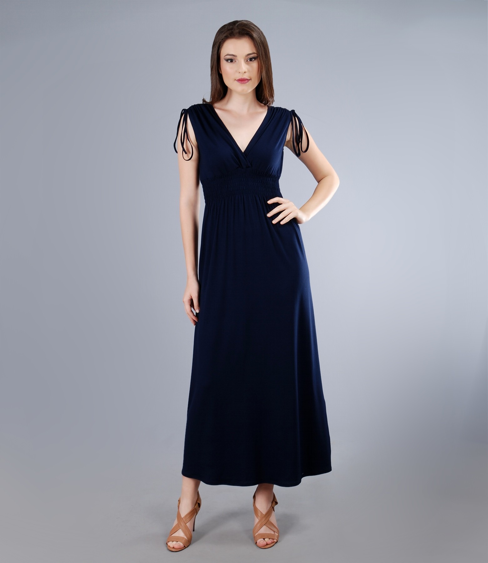 Long jersey dress with overlapped chest dark blue YOKKO
