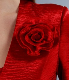 Red elastic satin jacket with flower