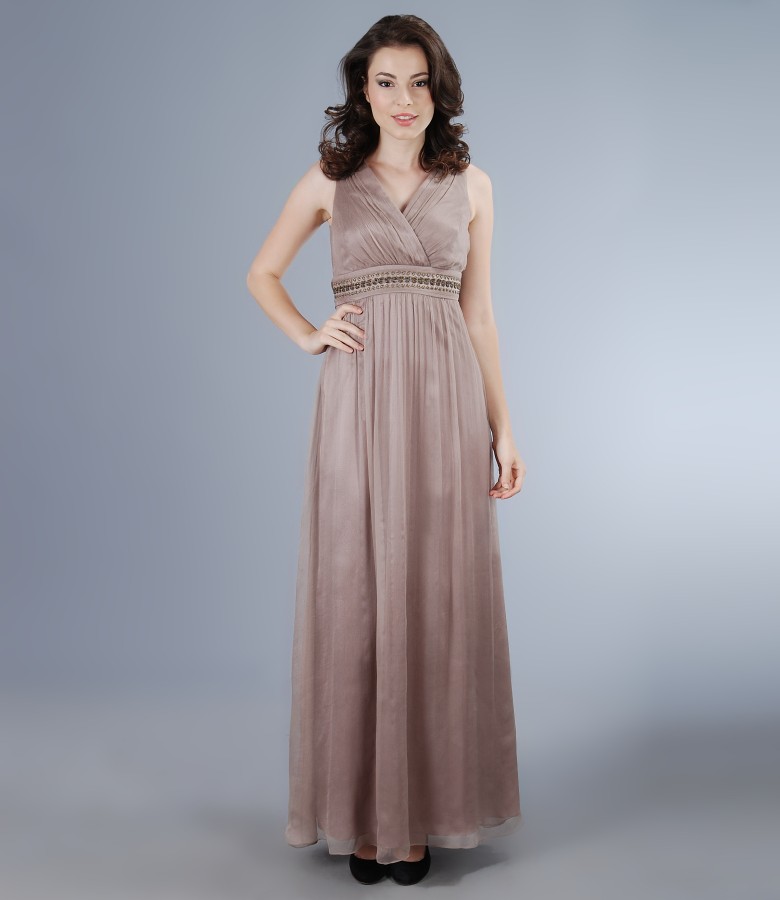 Long silk dress with garnish dark beige - YOKKO