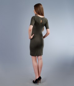 Jersey dress with white-kaki insertion and accessory