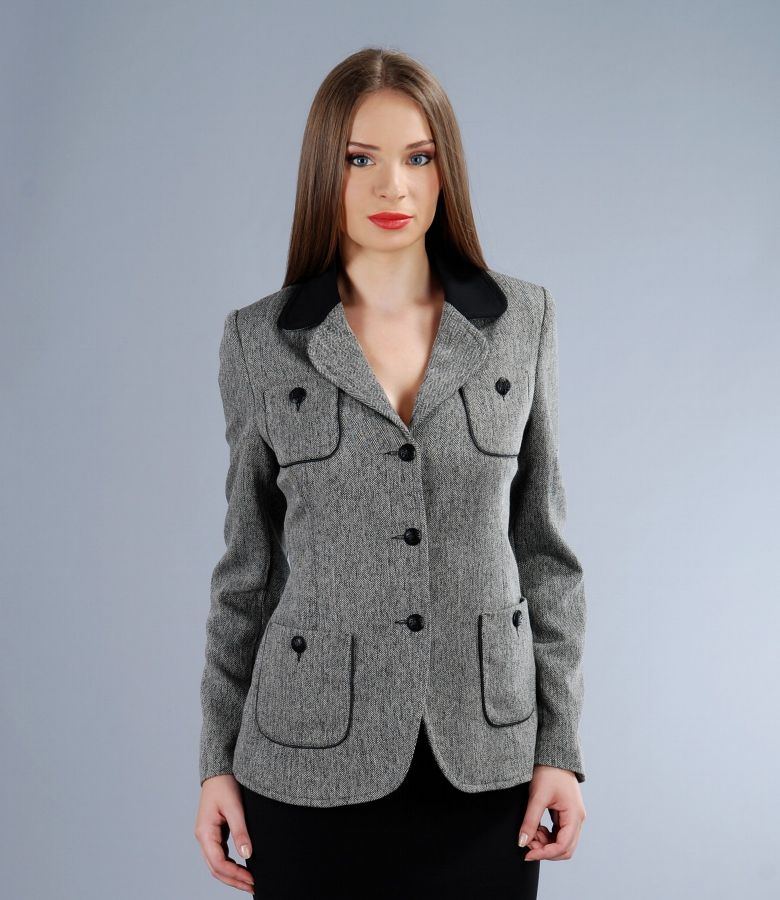 Office jacket from tweed with trim and pockets