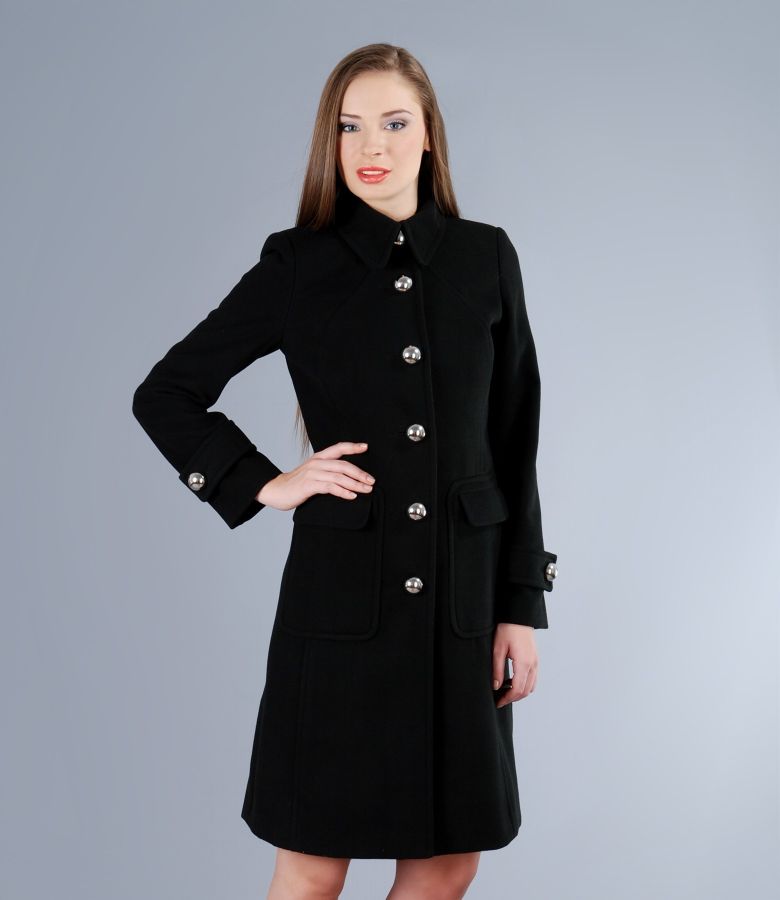Black coat with applied pockets