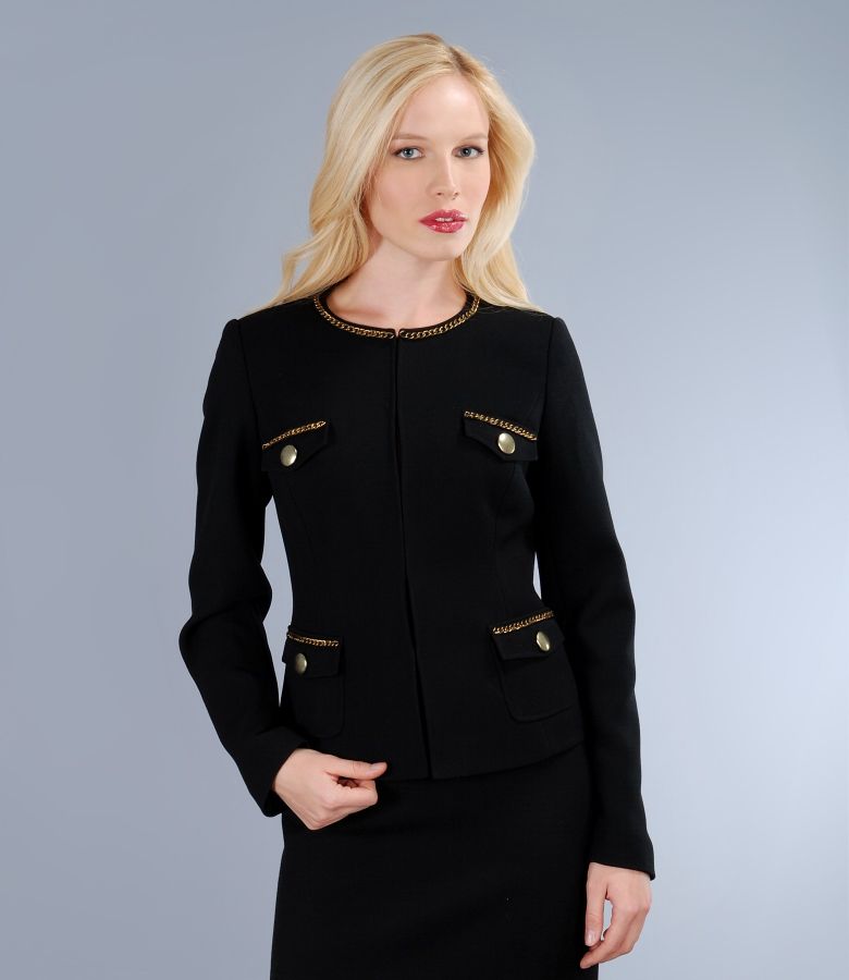 Elastic black fabric jacket with metallic gold trim.