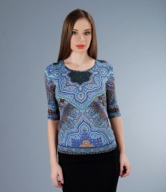 Printed elastic jersey t-shirt with sleeves