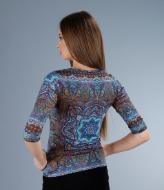 Printed elastic jersey t-shirt with sleeves