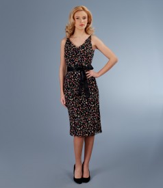 Cowl neck printed veil dress with satin cord