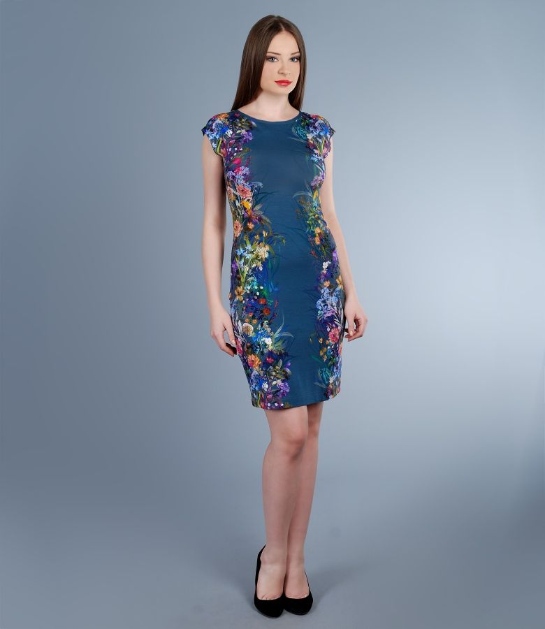 Printed jersey dress with cap sleeves