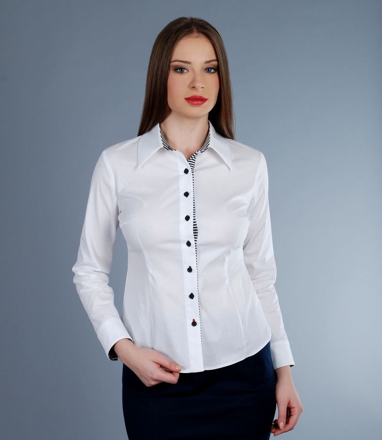 Elastic cotton shirt with trim white-dark blue - YOKKO