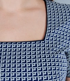 White-blue elastic cotton dress with square neckline