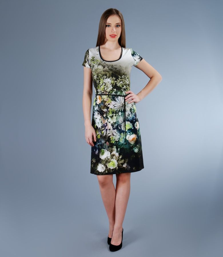 Elastic jersey dress with floral print and belt