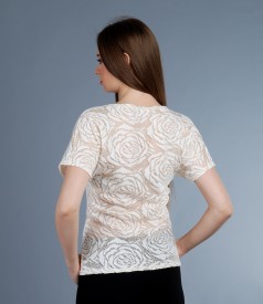 Elastic lace blouse with ramie