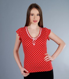 Printed jersey t-shirt with trim and circular cap sleeves