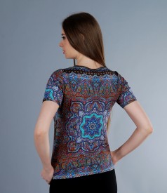 Printed elastic jersey t-shirt with sleeves