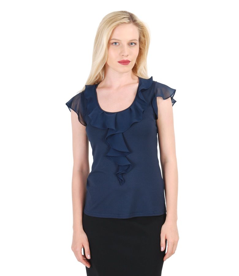 Jersey tshirt with jabot and veil sleeves dark blue YOKKO
