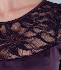 Elastic satin dress with lace trim