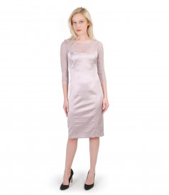 Elastic satin dress with lace trim